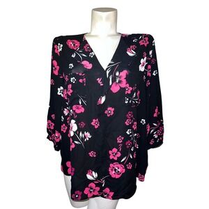 New Top Women's Size XL ELLE Black Pink Floral V Neck 3/4 Sleeve Blouse NWT